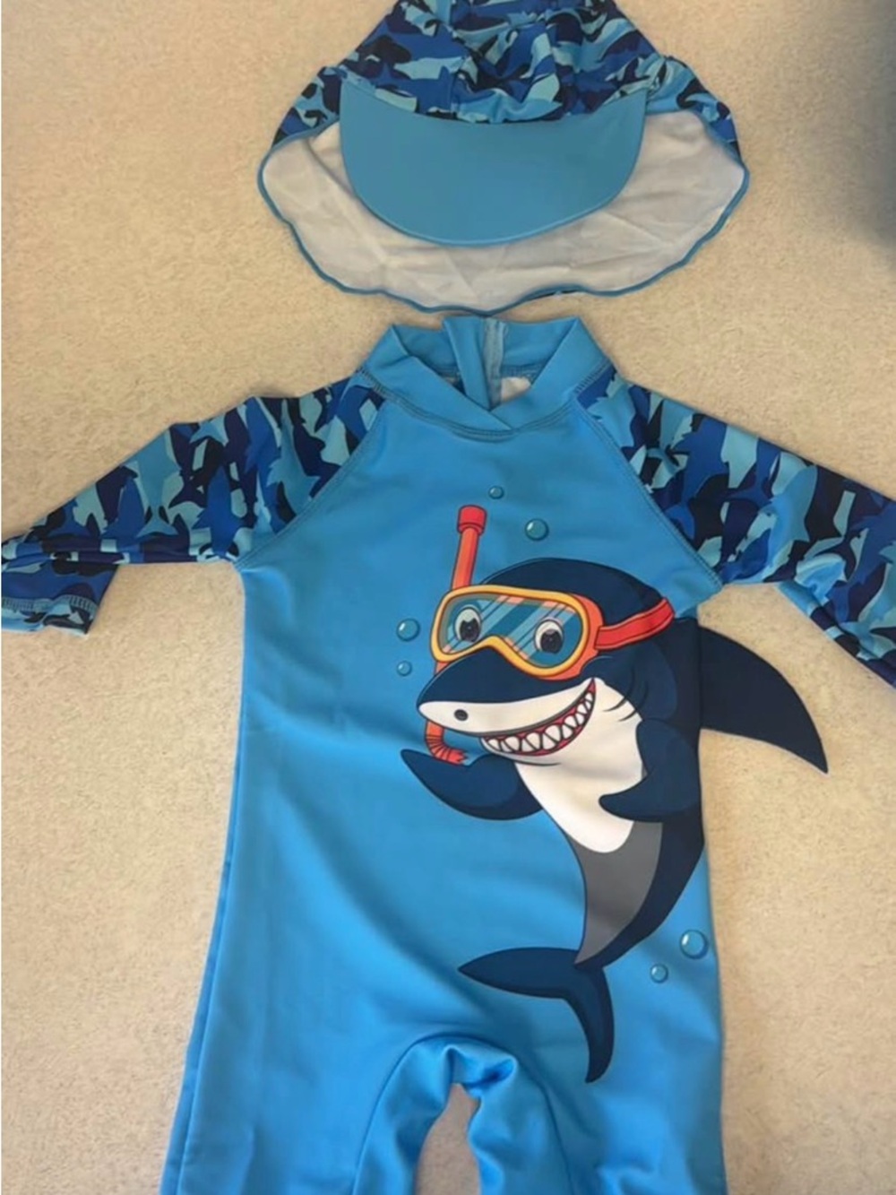 Kids Blue Shark Rashguard Swimsuit with Matching Cap